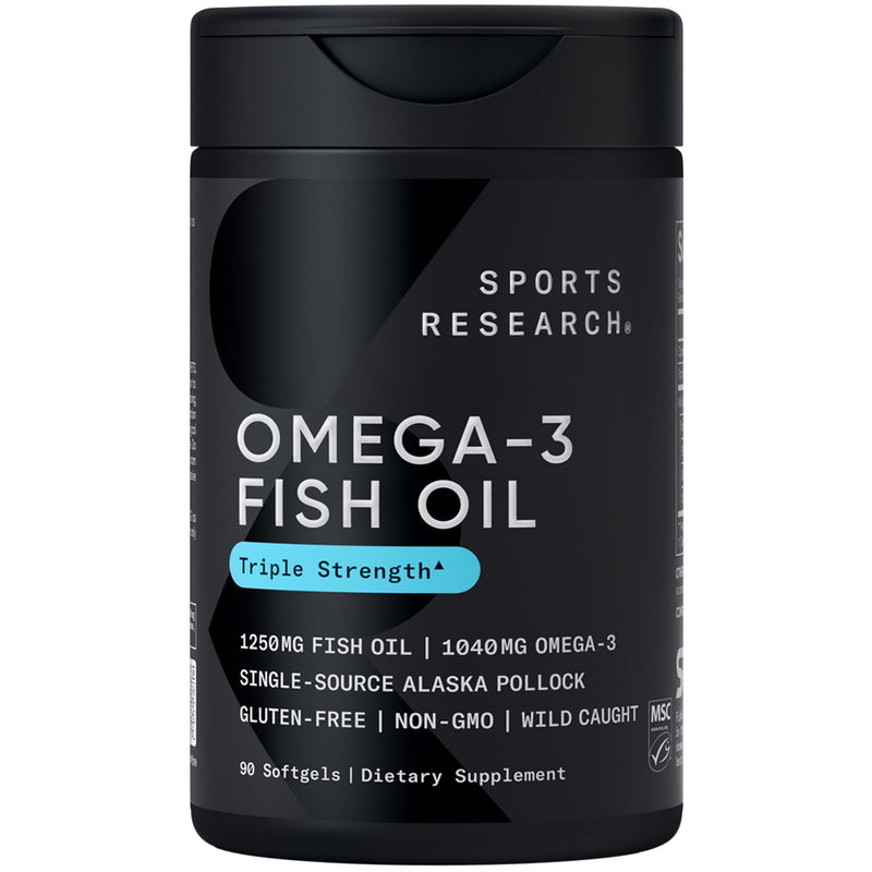 [Australia] - Sports Research Triple Strength Omega 3 Fish Oil - Burpless Fish Oil Supplement w/EPA & DHA Fatty Acids from Single-Source Wild Alaska Pollock - 1250 mg, 90 ct 90 Count (Pack of 1) 