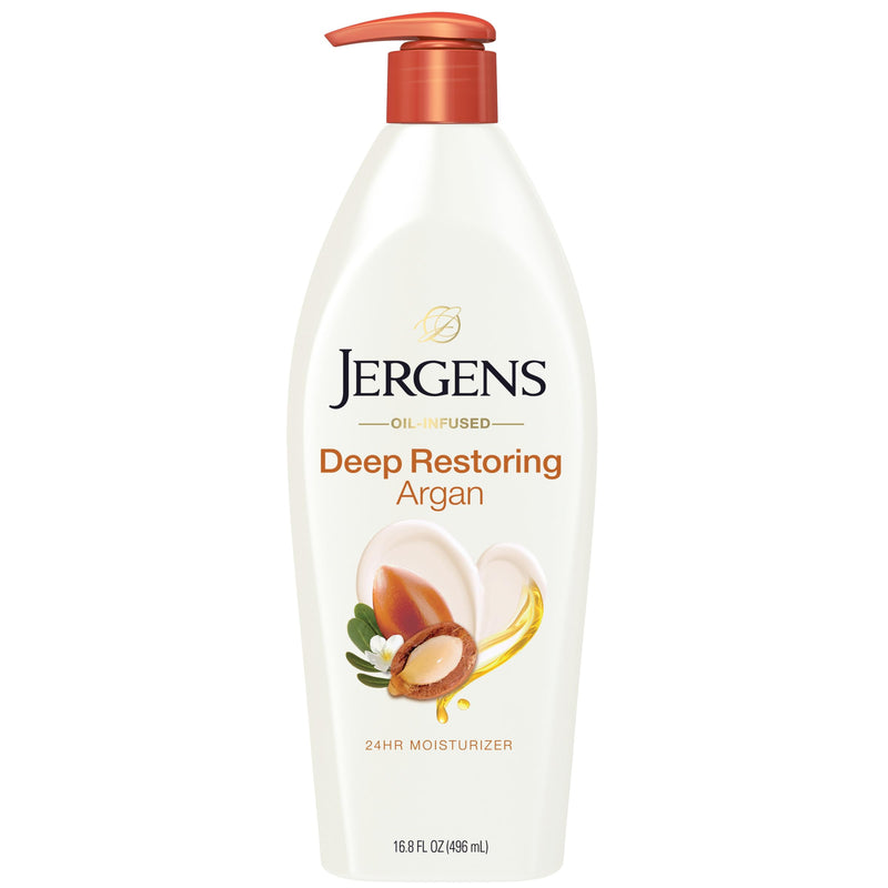 Jergens Deep Restoring Argan Oil Body Lotion For Dry Skin, 16.8 fl oz | Vitamin E, Restores Hydration, Long-Lasting Moisture, Lightweight Feel, Fast Absorption 16.8oz Lotion 16.8 Fl Oz (Pack of 1)
