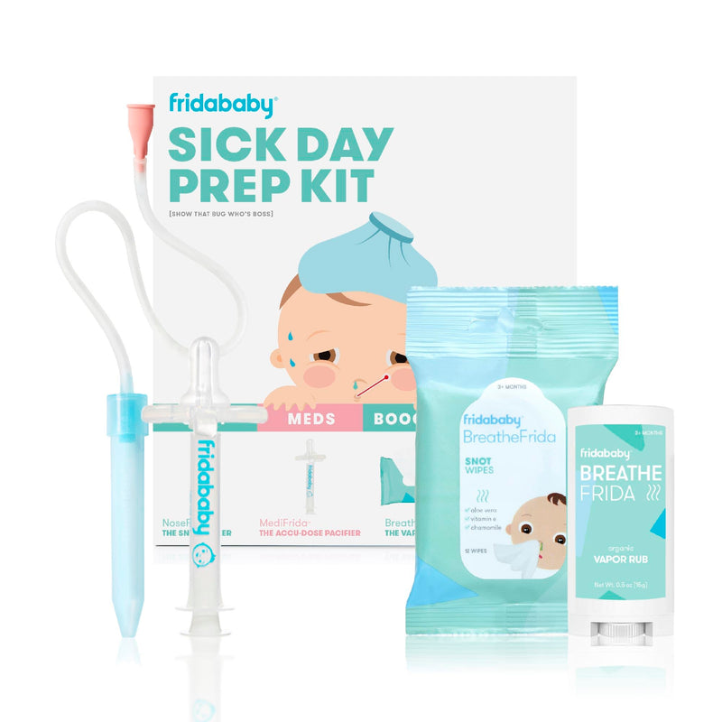 [Australia] - Frida Baby Sick Day Prep Kit | Sick Baby Essentials, Allergy Relief Set Includes NoseFrida Nasal Aspirator, MediFrida Pacifier Medicine Dispenser, Breathefrida Vapor Rub, Snot Wipes 