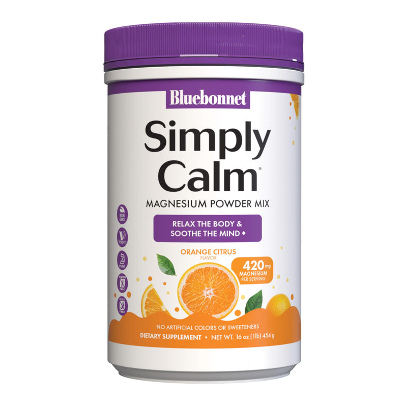 Bluebonnet Nutrition Simply Calm Powder, For Calm*, Muscle Cramps*, Stress Relief*, Soy-Free, Gluten-Free, Non-GMO, Kosher Certified, Dairy-Free, Vegan, 16 oz, 82 Servings, Orange Citrus Flavor | Stress Relief; Vegan, Vegetarian, Kosher
