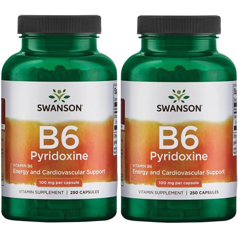 Swanson B6 Pyridoxine Cardiovascular Health 100 mg, 250 Capsules, 2 Pk | Formulated to Support Cardiovascular Health and Energy Metabolism, a Natural Formula Promoting Overall Wellness