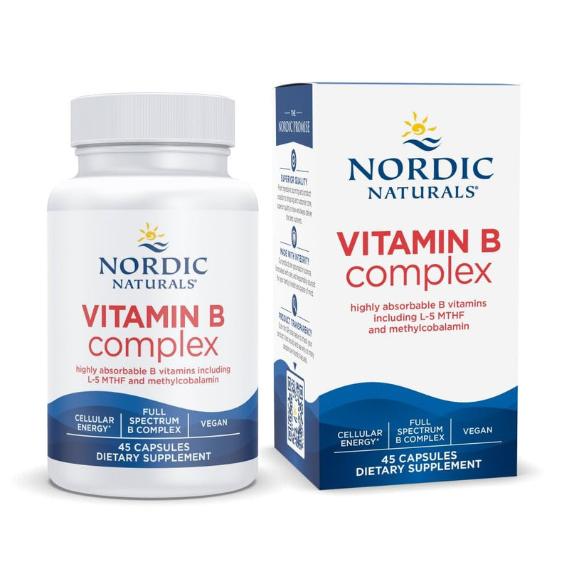 Nordic Naturals Vitamin B Complex, Energy Metabolism - 45 Capsules | 8 essential B vitamins: B1 Thiamine, B2 Riboflavin, B3 Niacin, B6, B12, B9 Folate, B7 Biotin, B5 Pantothenic Acid. Non-GMO 45 Count (Pack of 1)