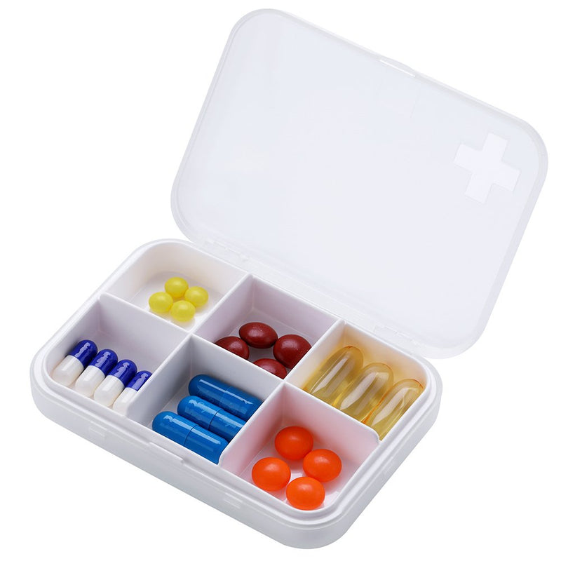 Portable Pill Case, 6 Compartment Compact Small Pill Organizer, White | Pocket-size slim pill box for purse, travel bag, workdays, vitamins, and short-trip daily doses medicine container 1 Count (Pack of 1) 6 Compartment White