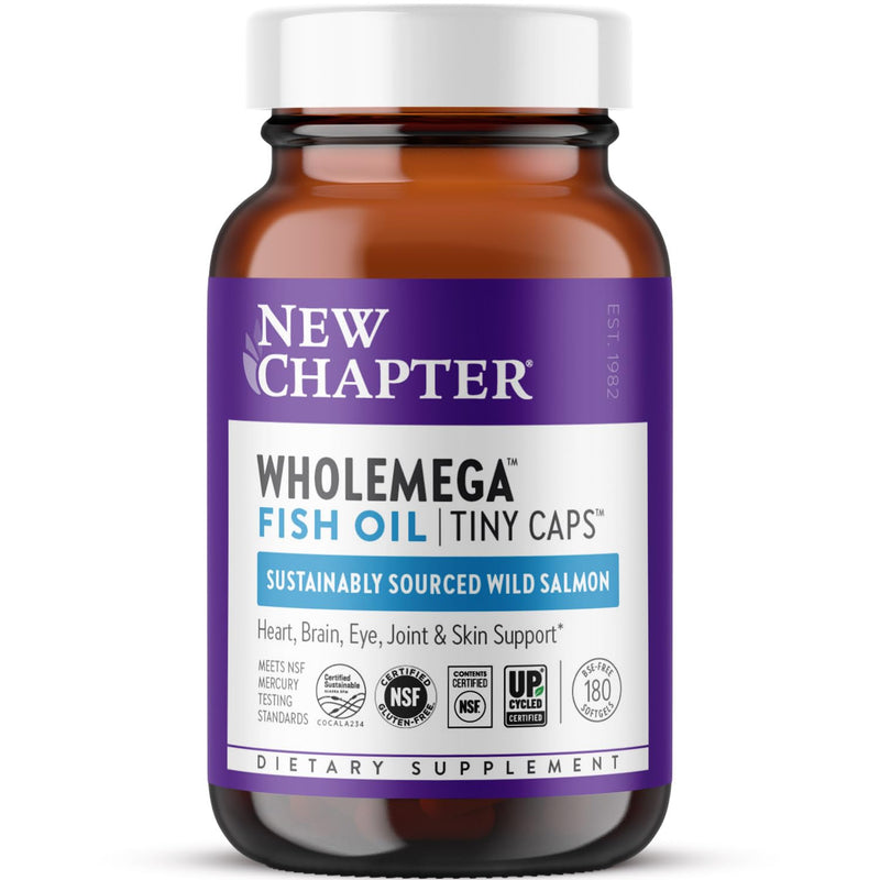 New Chapter Wholemega Tiny Capsule Fish Oil, 180 Count | 2000 mg per Serving, Wild Alaskan Salmon Oil with Omega-3, Vitamin D3, and Astaxanthin, 500 mg Each, Clinically Proven 180 Count (Pack of 1)