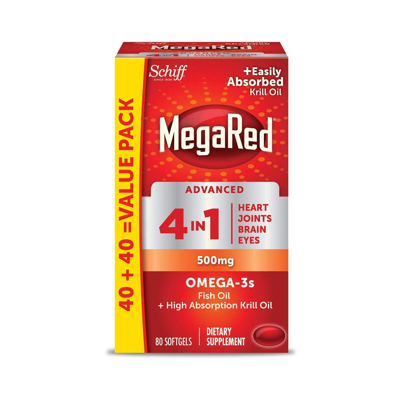 [Australia] - MegaRed Advanced 4-in-1 2X Concentrated 500mg Omega-3 Fish Oil & Antarctic Krill Oil with Fatty Acid, EPA/DHA Supports Heart, Brain, Joints, Eye Health 80 Count Softgels (2 Pack) 80 Count (Pack of 2) 
