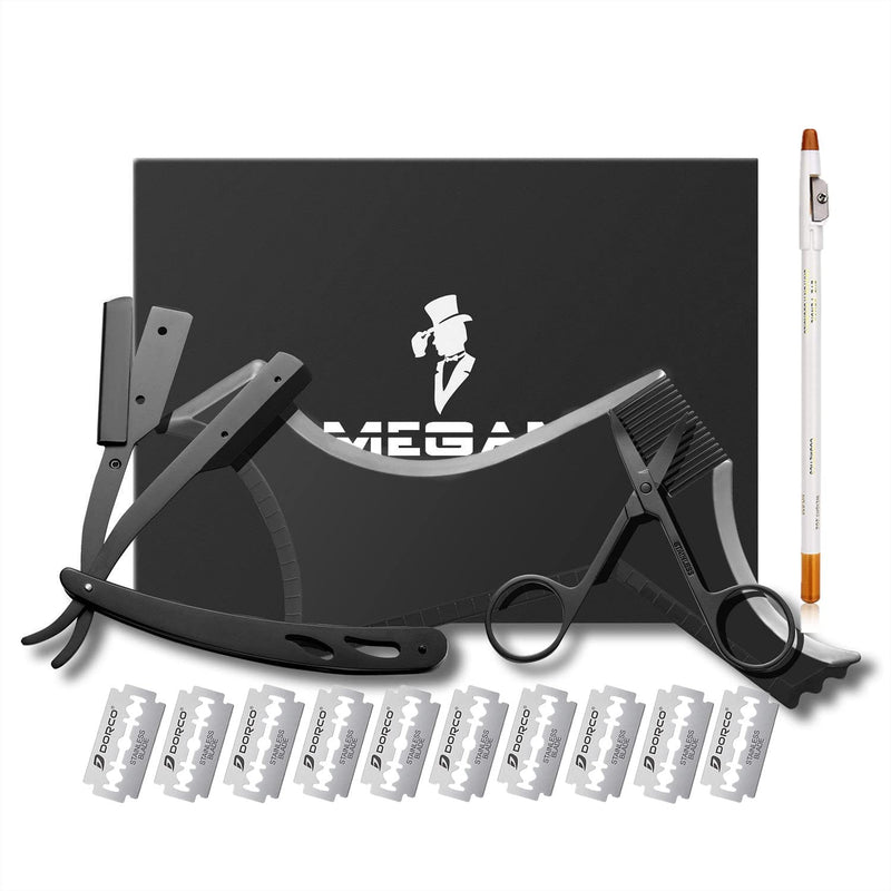 [Australia] - Megan Beard shaping tool,5 piece set beard shaper - include Professional Straight Edge Razor,beard template,10 Count of double edge blades,barber pencil and Stainless steel scissors. 