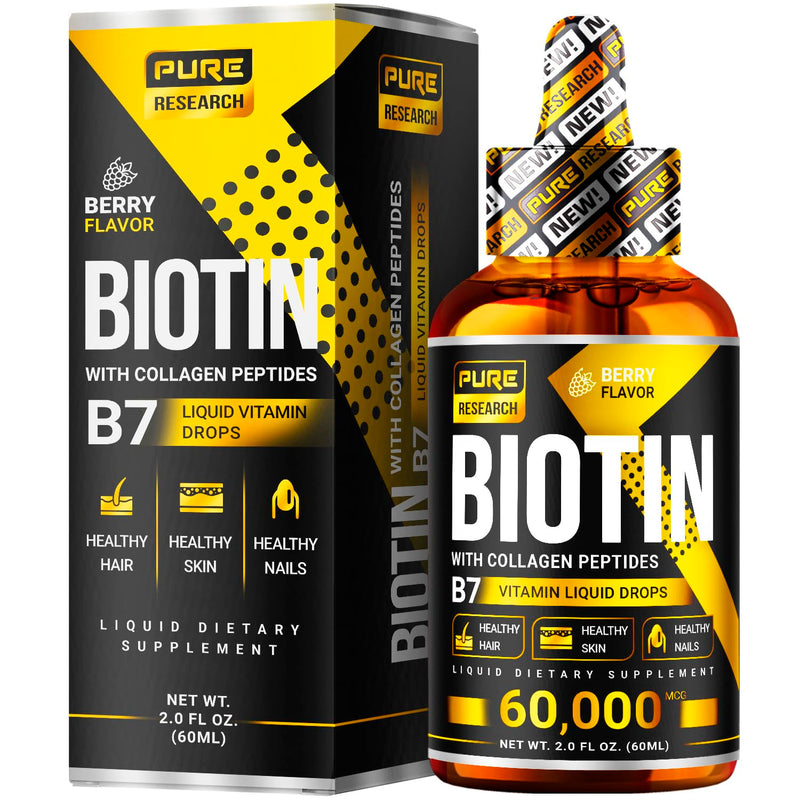 [Australia] - PURE RESEARCH Liquid Biotin & Collagen Hair Growth Drops 60,000mcg - Biotin and Liquid Collagen Supplement for Men & Women - Glowing Skin Support, Healthy Hair & Nail Growth - 2oz 2 Fl Oz (Pack of 1) 