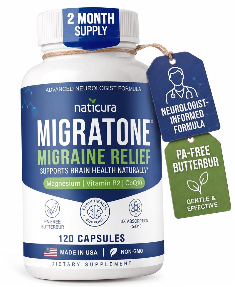 Naticura Migratone Migraine Relief with Magnesium Vitamin B2 Coq10 120 Caps | Magnesium Citrate, Riboflavin B2, B6, B12 & Feverfew for Daily Migraine Support, Brain Health, Vegan, Non-GMO, Made in USA 120 Count (Pack of 1)