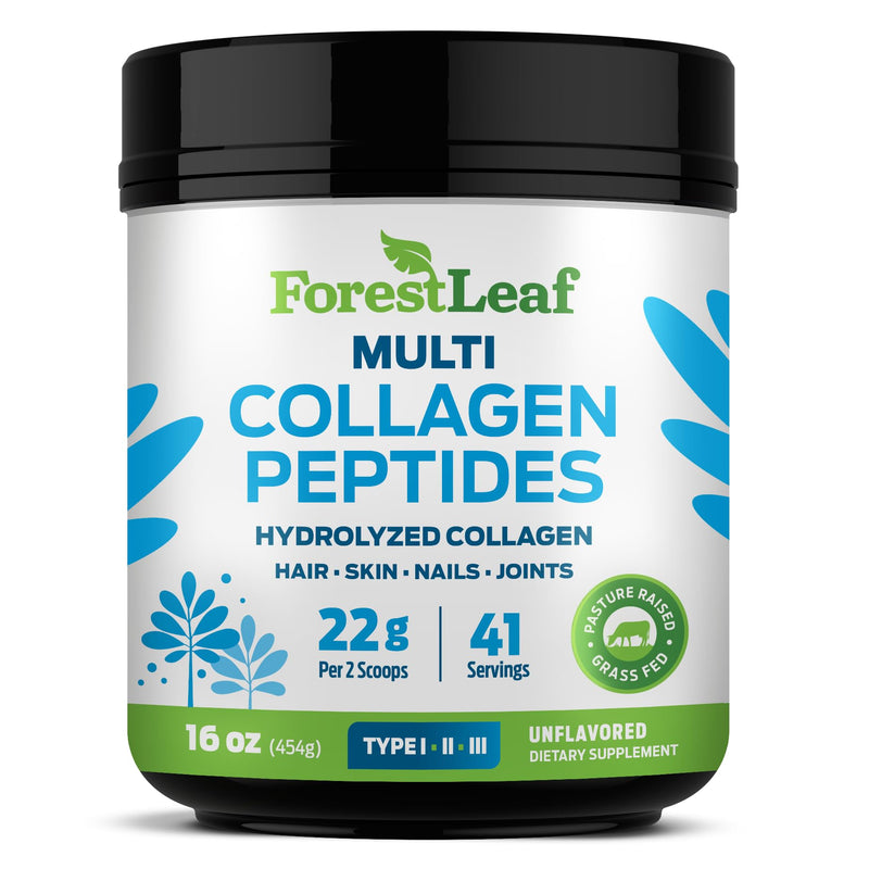 ForestLeaf Collagen Peptides Powder Unflavored - Hydrolyzed Grass Fed Keto Collagen Protein Powder Type 1, 2 & 3 - Vital Hair, Skin, Nails, Joints, Recovery, 11g Per Serving 1 Pound (Pack of 1)