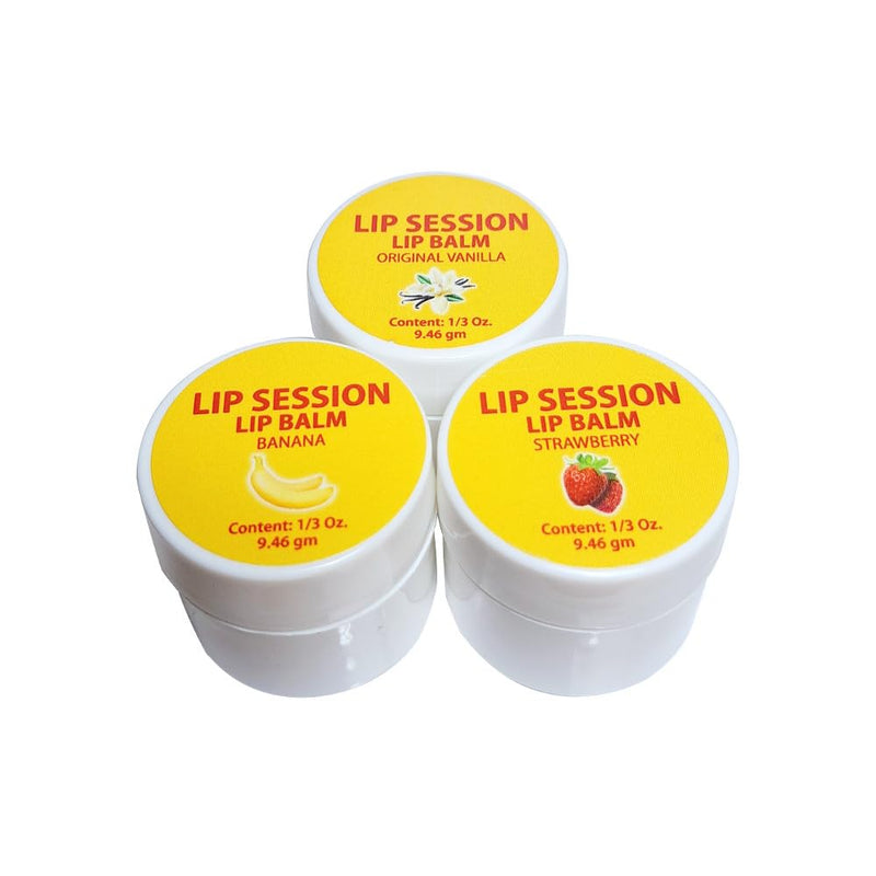 Lip Session Lip Balm Assorted Flavors 3 Pack of Jars .33 Oz. - Vanilla Original, Strawberry & Banana with Vitamin E & Cocoa Butter - Soothes Dry, Cracked, or Chapped Lips 1