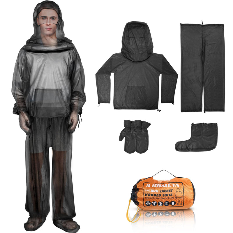 [Australia] - HOMEYA Bug Jacket S/M, Anti Mosquito Netting Suit with Zipper on Hood Ultra-fine Mesh Pants Mitt Socks with Free Carry Pouch for Protecting Hunting Fishing Men Women Black Small/Medium 