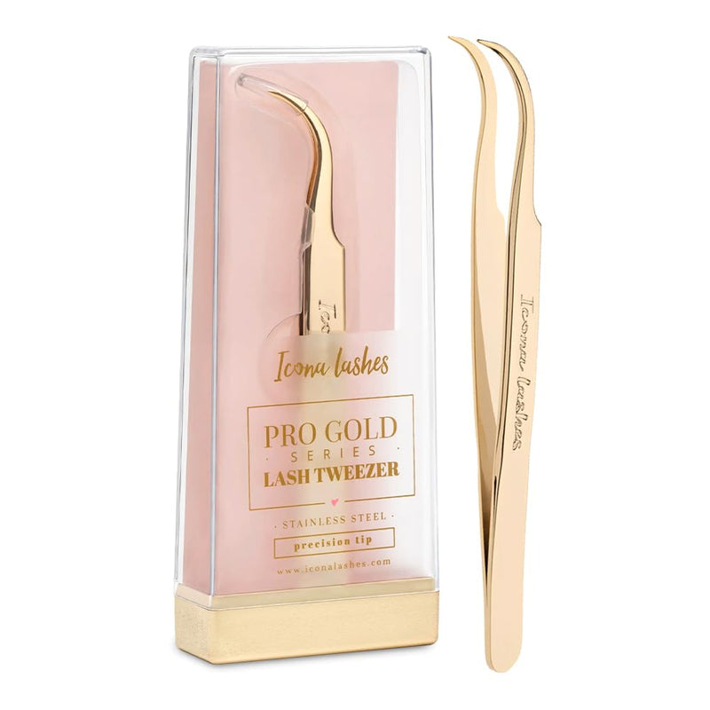 Hair Removal & Eyelash Tweezer - J-curved Tip for Precise Plucking - Applicator Tool for False Eyelash Clusters & Lash Extensions - 24K Gold Plating, Stainless Steel - Case Included Eyelash Tweezers