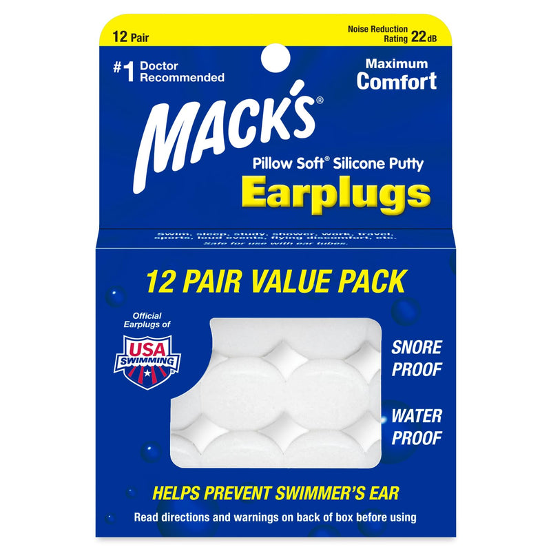 [Australia] - Mack's Pillow Soft Silicone Earplugs, 12 Pair – The Original Moldable Silicone Putty Ear Plugs for Sleeping, Snoring, Swimming, Travel, Concerts and Studying | Made in USA 