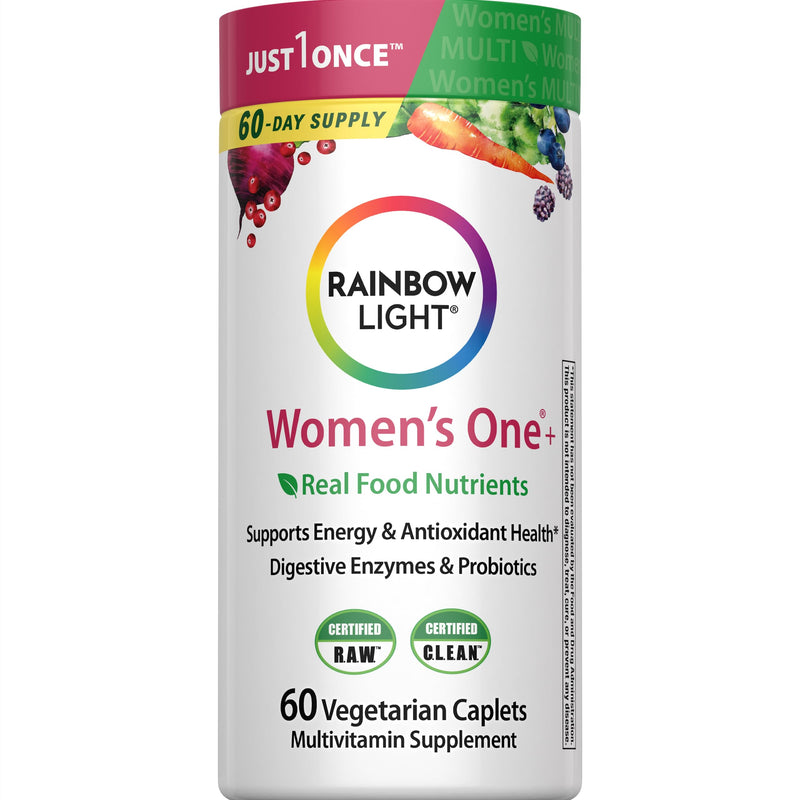 Rainbow Light Womens Multivitamin One + | 60 Caplets | Supports Energy & Antioxidant Health | Real Food Nutrients, Digestive Enzymes & Probiotics Women's One 60 Count (Pack of 1)