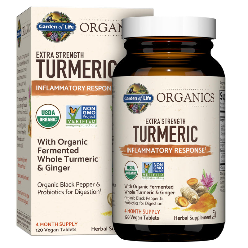 Garden of Life Organics Extra Strength Turmeric Inflammatory Response 120 Tablets-100Mg Curcumin (95% Curcuminoids) Black Pepper, Probiotics, Organic Non-GMO Vegan Gluten Free Herbal Supplement Unflavoured 120 Count (Pack of 1)