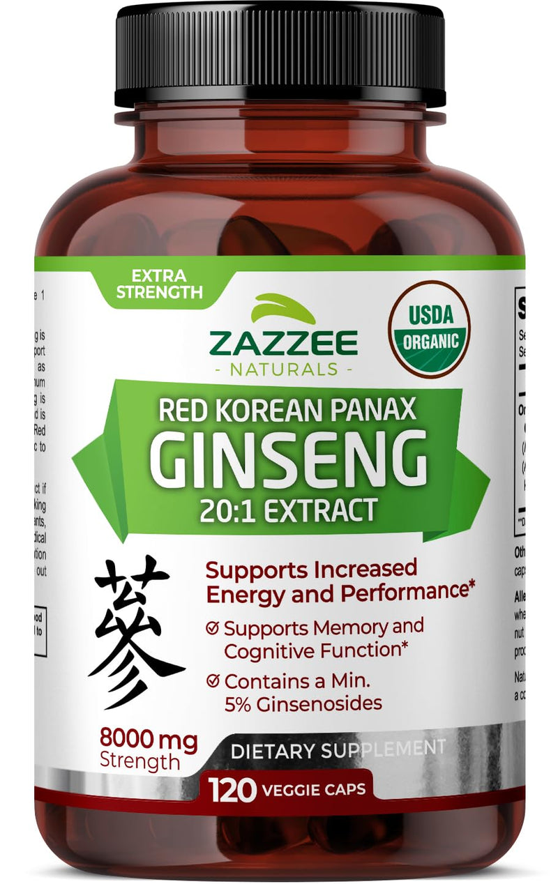 [Australia] - Zazzee USDA Organic Red Korean Panax Ginseng 20:1 Extract, 8000 mg Strength, 5% Ginsenosides, 120 Vegan Capsules, Standardized and Concentrated 20X Root Extract, 100% Vegetarian, All-Natural, Non-GMO 