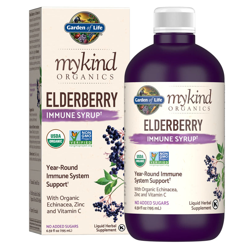 [Australia] - Garden of Life Organics Plant-Based Elderberry Immune Syrup 6.59 fl oz (195 Ml) for Kids & Adults: Sambucus, Echinacea, Zinc & Vitamin C, 0g Sugar, Organic Vegan Gluten Free Herbal Supplement 