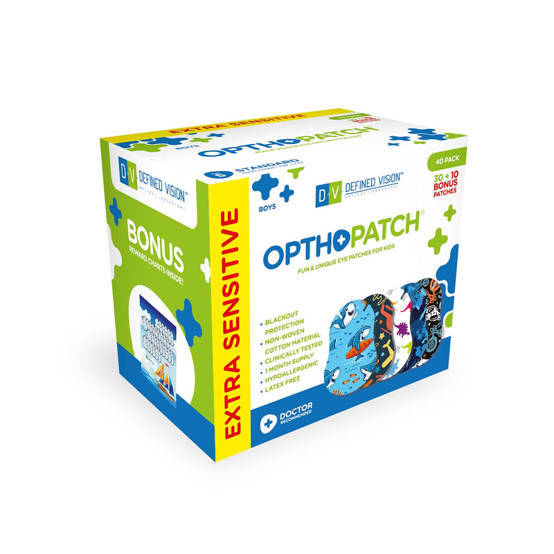 [Australia] - OPTHOPATCH Kids Eye Patches - Fun Boys Design - 30 + 10 Bonus Latex Free Hypoallergenic Cotton Extra Sensitive Adhesive Bandages for Amblyopia & Cross Eye-3 Reward Chart Posters by Defined Vision 