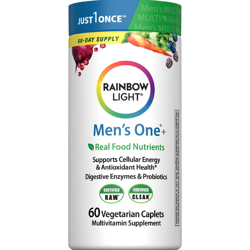Rainbow Light Mens Multivitamin One + | 60 Caplets | Supports Cellular Energy & Antioxidant Health | with Real Food Nutrients, Digestive Enzymes & Probiotics Men's One 60 Count (Pack of 1)