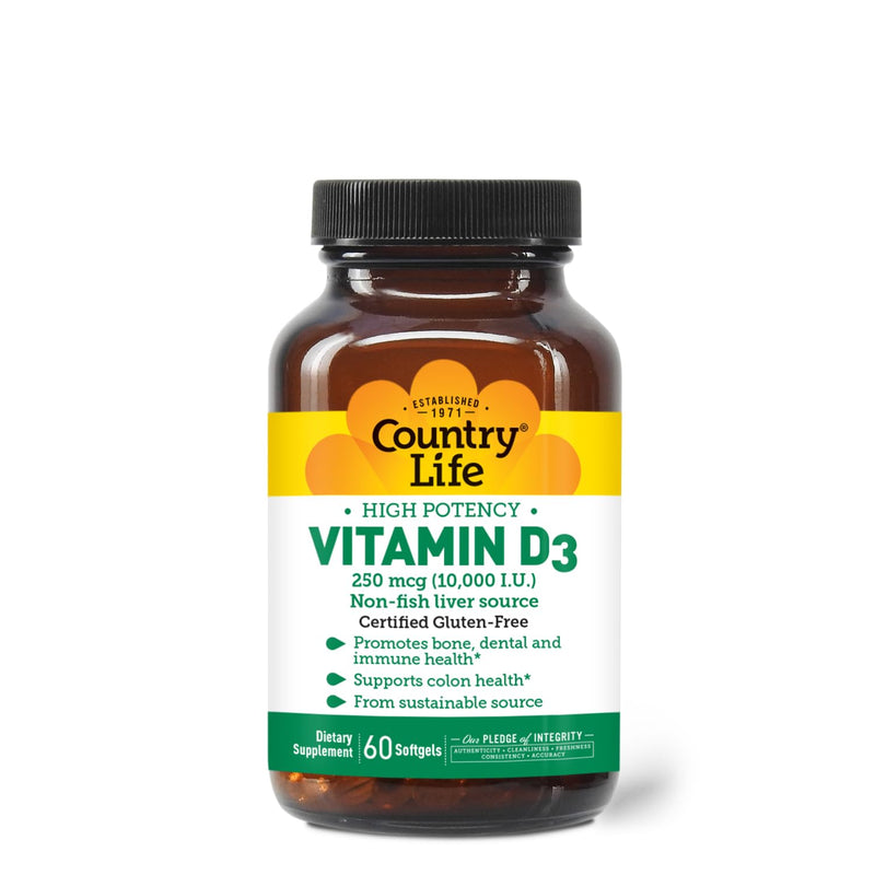 Country Life Vitamin D3 10,000 IU, 60 Softgels, Certified Gluten-Free | High-potency vitamin D3 from lanolin promotes bone, dental, immune and colon health