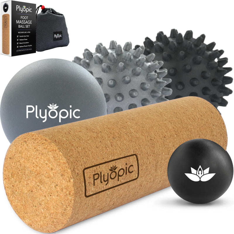 [Australia] - Massage Ball Set – Complete 5-Piece Kit: Spiky, Lacrosse & Mini Precision Balls + Roller – Plantar Fasciitis, Foot Arch & Heel Relief – Trigger Point Therapy for Back, Neck, Shoulders & Full Body Modern Grey & Black With Natural Cork Roller 