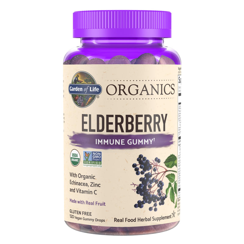 Garden of Life Organics Elderberry Gummies for Adults & Kids - Immune Support Supplement with Organic Fruit, Herbal Blend, Elderberry, Echinacea, Zinc, Vitamin C, 120 Vegan Gluten Free Gummies 120 Count (Pack of 1)
