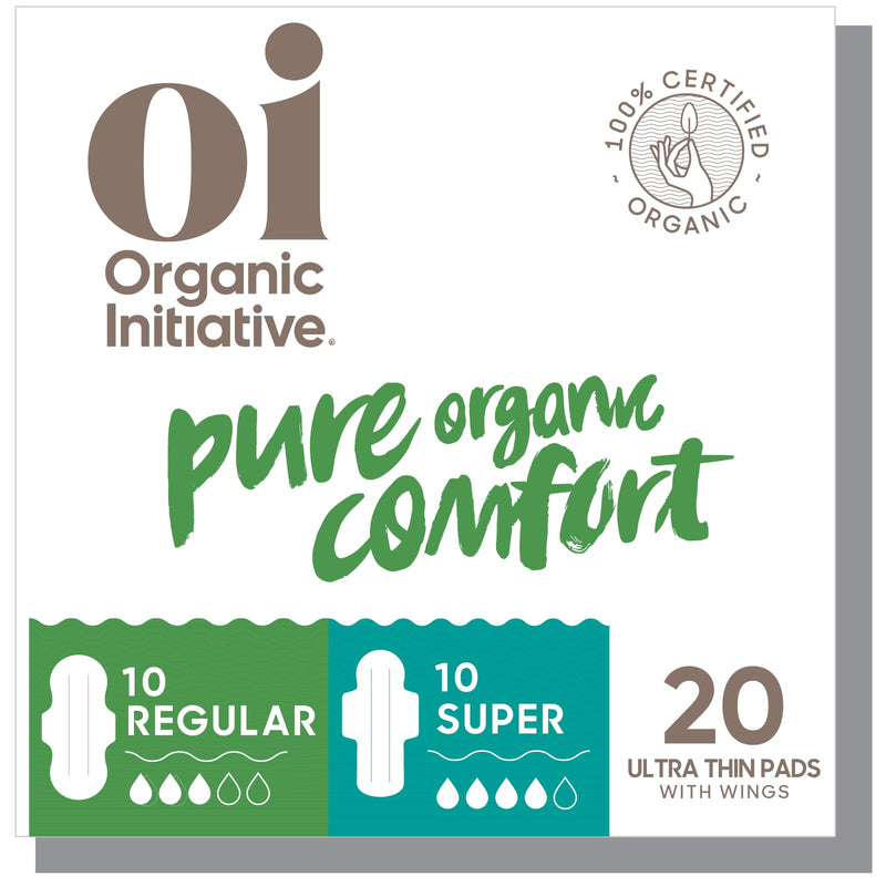 [Australia] - Oi | Organic Initiative - Ultra-Thin Pads with Wings | 100% Certified Organic Cotton, Unscented | Leak Free, Biodegradable | Non-GMO, Toxin Free (Regular/Super, 20, Count) Regular/Super 