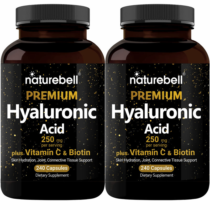 NatureBell 2 Pack Plant Based Hyaluronic Acid Supplements 250mg with 25mg Vitamin C & Biotin 5000mcg, 480 Total Capsules | Essential for Hair Growth, Joint Support, & Hydrating Skin | Non-GMO 240 Count (Pack of 2)