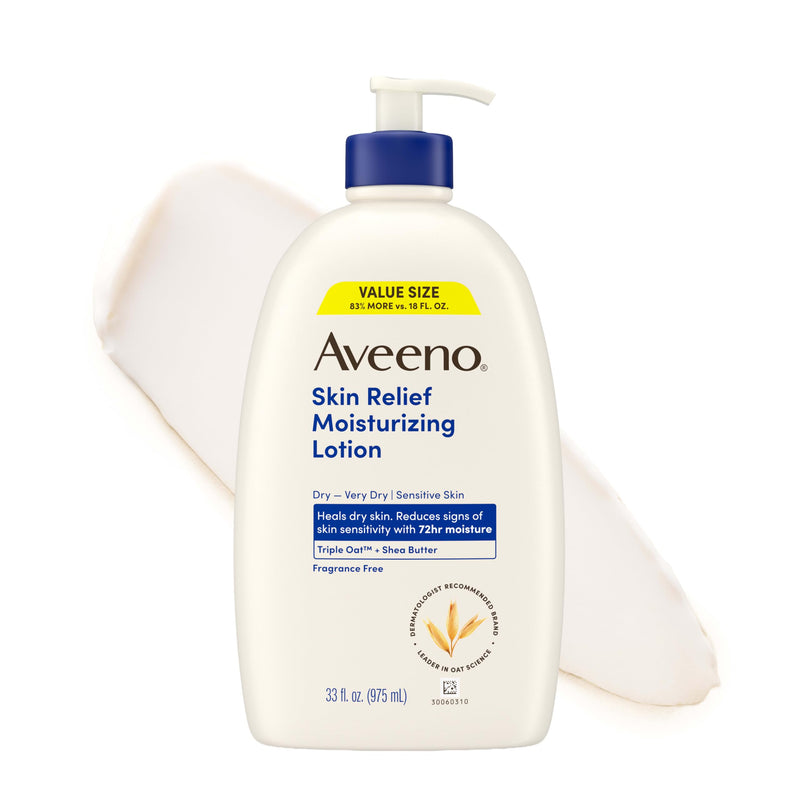 Aveeno Skin Relief Moisturizing Body Lotion Heals Very Dry, Sensitive Skin, Fast-Absorbing Lotion with Soothing Triple Oat & Shea Butter Formula, Fragrance Free Lotion, Non-Comedogenic, 33 Fl Oz 33 Fl Oz (Pack of 1)