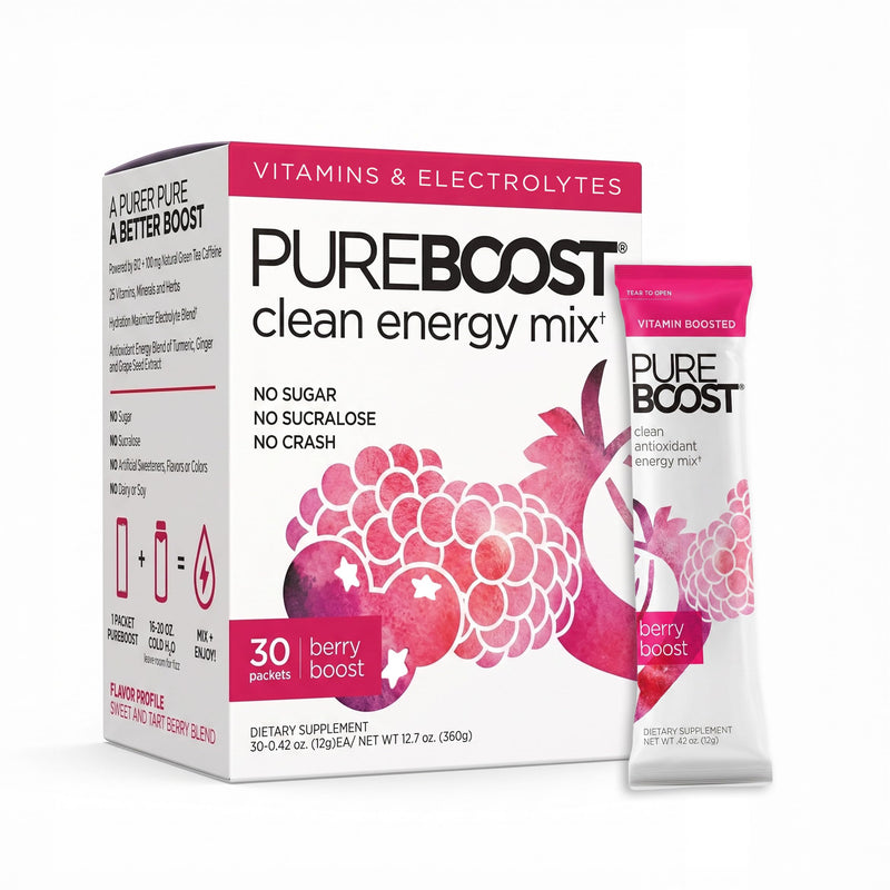 Pureboost Sugar-Free Clean Energy Booster Drink Mix, Berry Boost 30ct | B12 vitamins, low sodium electrolytes & antioxidants. 25 vitamins and minerals. No sucralose. 30 Count
