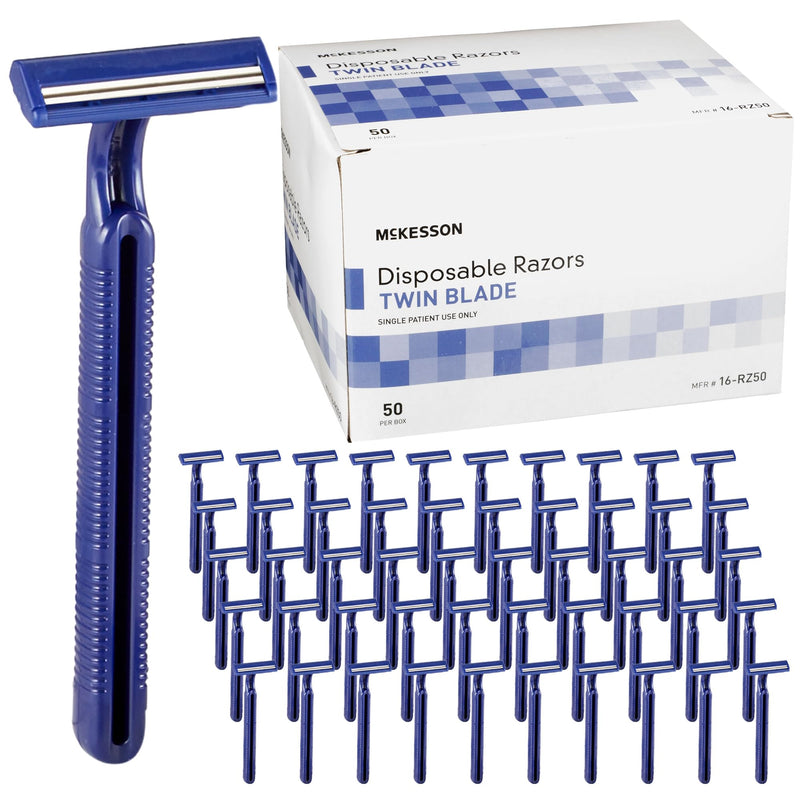 [Australia] - McKesson Disposable Razors [50 Count] – Twin Blade Bulk Shaving Razors for Men & Women, Stainless Steel, Blue, Single-Use for Medical Clinics, Tattoo, Travel, Camping & Salon Care 1 Count (Pack of 50) 