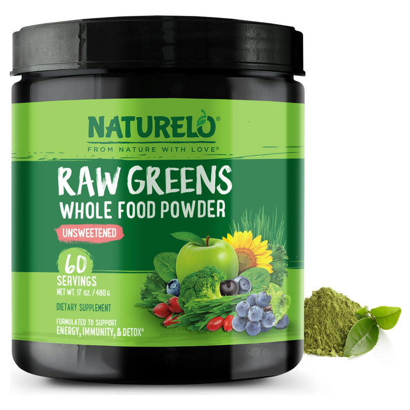 [Australia] - NATURELO Raw Greens Superfood Powder - Unsweetened - Boost Energy, Detox, Enhance Health - Organic Spirulina - Wheat Grass - Whole Food Nutrition from Fruits & Vegetables - 480 Grams 60 Servings (Pack of 1) 