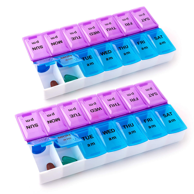 Deke Home - Pill Organizer 2 Times a Day (2 Pack), Weekly AM PM Pill Box, 7 Day Morning and Night Medicine Organizer, BPA-Free Daily Vitamin Container, Easy Open Travel Pill Case, 7.8"x3.6"x1.3" 2 Count (Pack of 1)