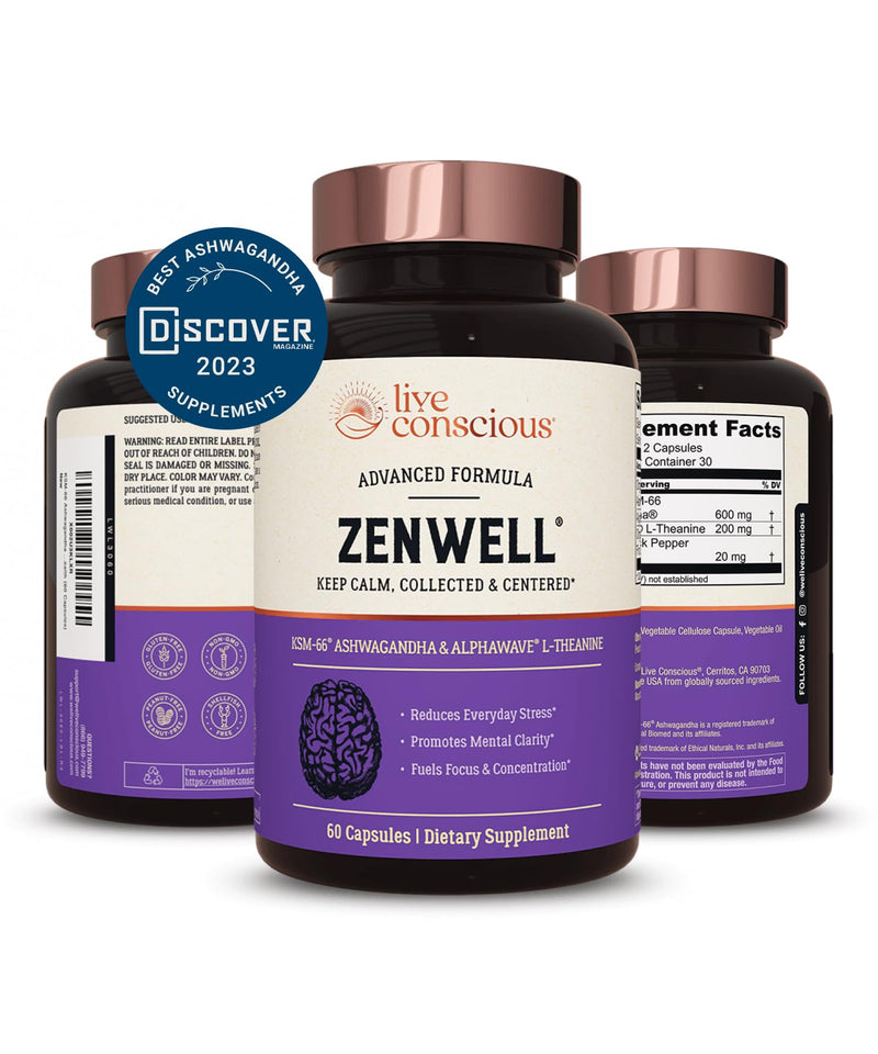 [Australia] - Live Conscious KSM-66 Ashwagandha Supplement w/L Theanine & AlphaWave - ZenWell Everyday Stress Relief, Mood Support, Cognitive, Brain Health - Ashwagandha for Men & Women - 60 Capsules 60 Count (Pack of 1) 