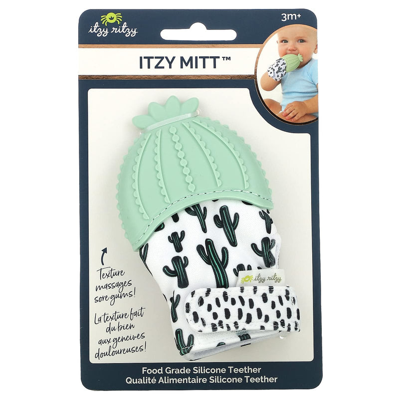 [Australia] - Itzy Ritzy Silicone Teething Mitt - Soothing Infant Teething Mitten with Adjustable Strap, Crinkle Sound & Textured Silicone to Soothe Sore & Swollen Gums - Baby Teething Toy For 3 Mos & Up, Cactus 1 Count (Pack of 1) 