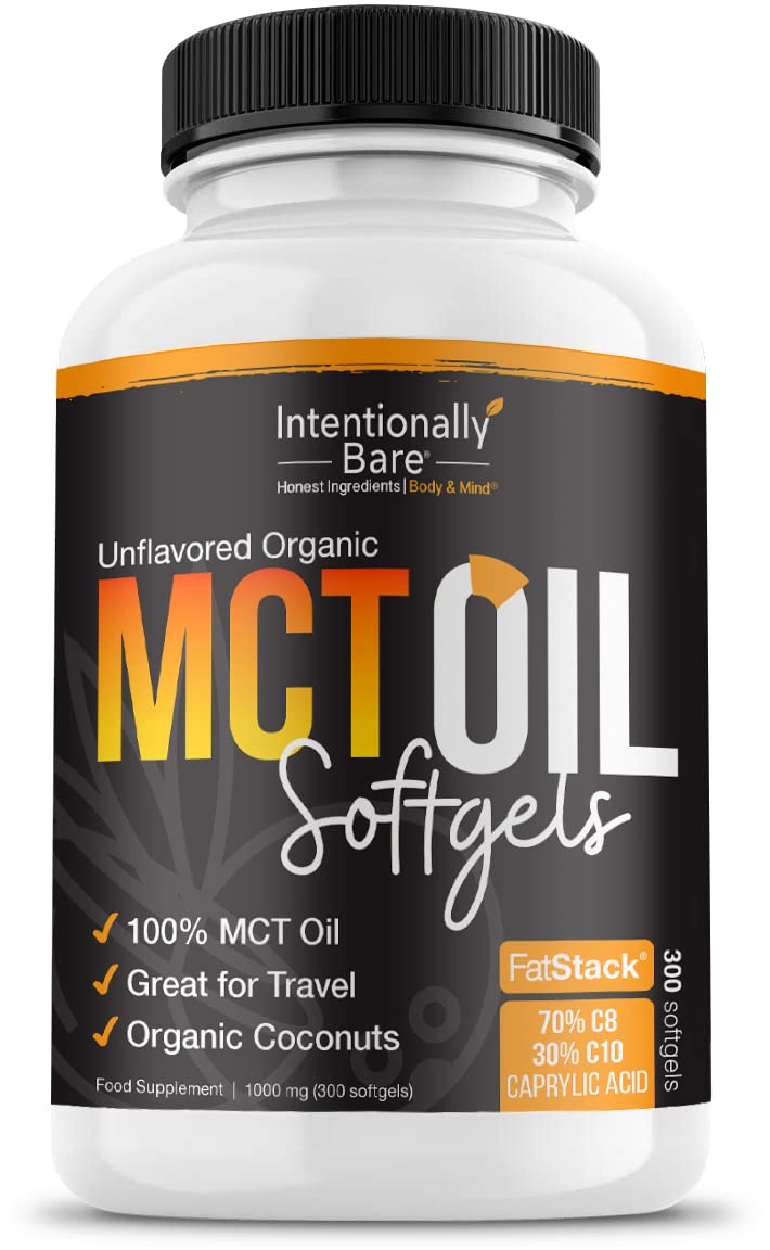 [Australia] - Intentionally Bare Organic MCT Oil Capsules - 70% C8 MCT Oil & 30% C10 MCT Capsules Unflavored for Keto Low Carb and Paleo Diet - Coconut C8 & C10 for Energy Mood & Focus - Non-GMO 300 Soft Gels 