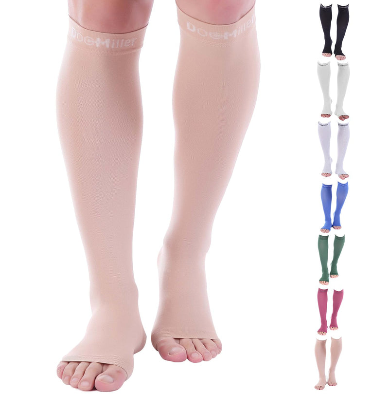 [Australia] - Doc Miller Open Toe Compression Socks for Men & Women, 15-20 mmHg, Toeless Knee High Socks, Support Circulation, Shin Splints, Calf Recovery, Post Op, Medical Grade, 1 Pair X-Large Beige 