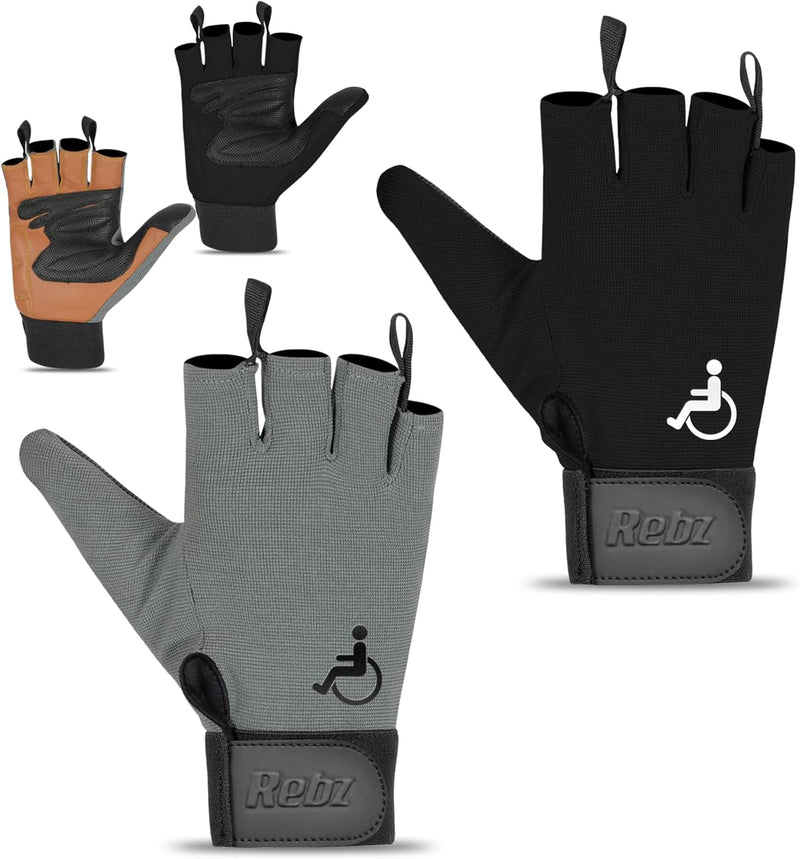 [Australia] - Rebo Wheelchair Gloves Mobility Fingerless Long Thumb Leather Palm Gloves Black Small 