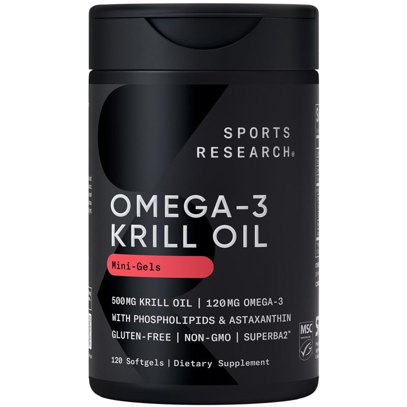 [Australia] - Sports Research Antarctic Krill Oil Omega 3 Mini-Softgels 500mg with Phospholipids, Choline & Astaxanthin - Sustainably Sourced, Non-GMO Verified & Gluten Free - 120 Softgel Capsules 120 Count - 500mg 