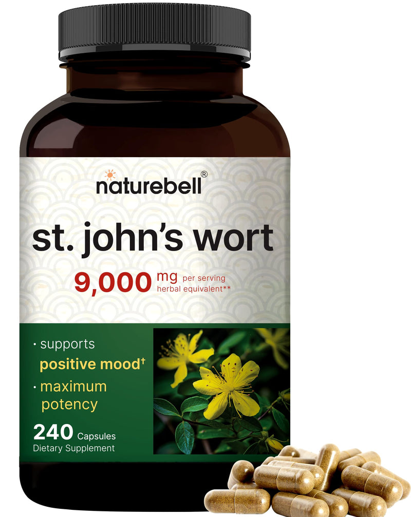 [Australia] - NatureBell St Johns Wort 9,000mg Per Serving, 240 Capsules | 15:1 Herbal Extract, North American Harvest, Rich in Hypericin – Positive Mood Support Supplement – St. John’s Wort – Non-GMO 