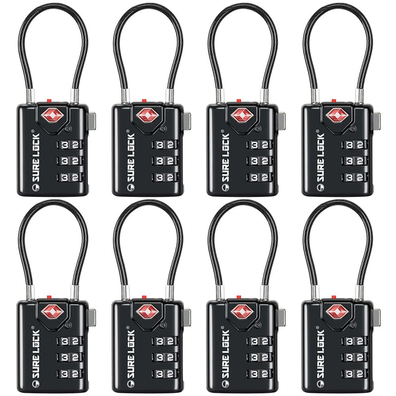 SURE LOCK TSA Compatible Travel Luggage Locks, Inspection Indicator, Easy Read Dials TSA Approved with Zinc Alloy (1, Black 8 Pack) 1