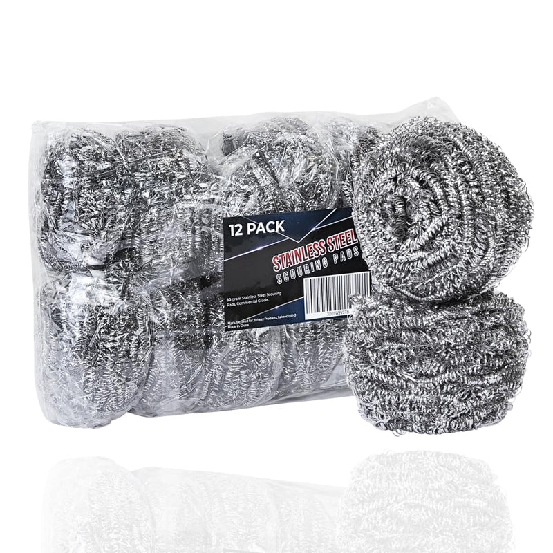 [Australia] - Brheez Stainless Steel Cleaner Scouring Pads [12 Pack] - Industrial & Commercial Strength Large Cleaning Supplies Dish Sponge - Individually Wrapped 30 Gram 