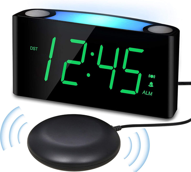 [Australia] - Loud Alarm Clock with Bed Shaker, Vibrating Alarm Clock for Heavy Sleepers, Deaf and Hard of Hearing, Dual Alarm Clock, 2 USB Charger Ports, 7-Inch Display, Full Range Dimmer and Battery Backup-Green 