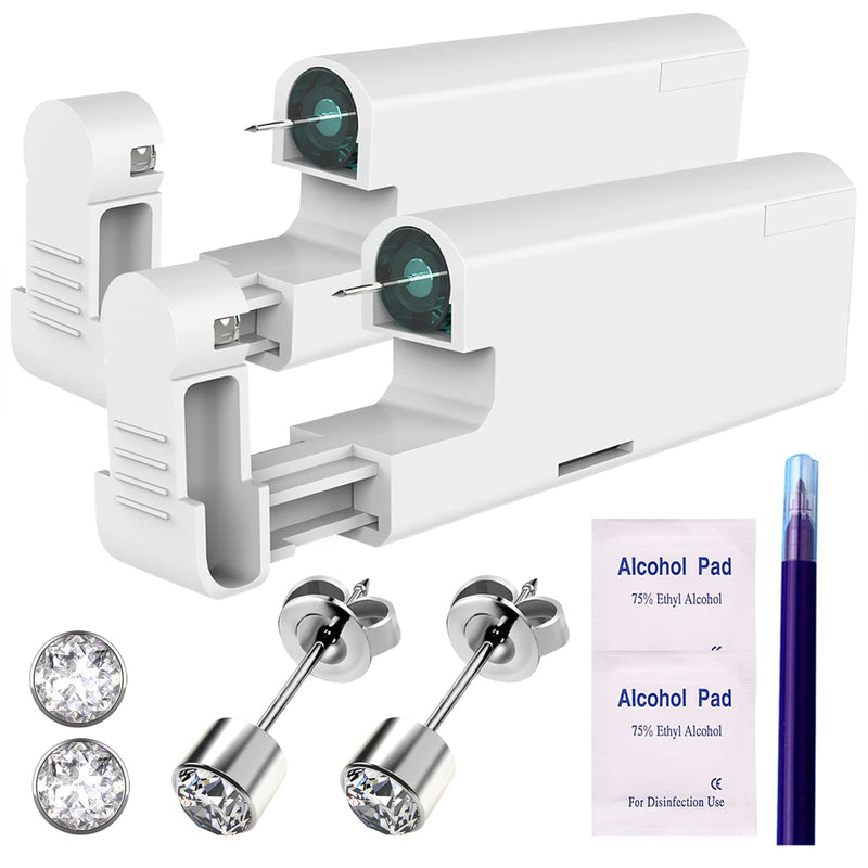 [Australia] - 2Pcs Ear Piercing Kit Automatic and Painless Ear Nail Gun Disposable Aseptic Household Ear Piercing Gun Portable Ear Piercing Gun Group Ear Piercing Tools With Built-in 4mm Hypoallergenic Ear Studs Silver 