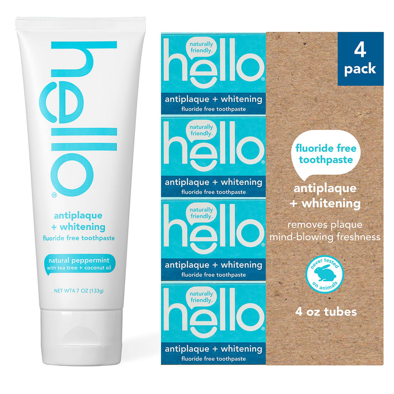 [Australia] - hello Antiplaque and Whitening Fluoride Free Toothpaste, Natural Peppermint Flavor, SLS Free, Gluten Free, Peroxide Free, Vegan, 4.7 Ounce (Pack of 4) 