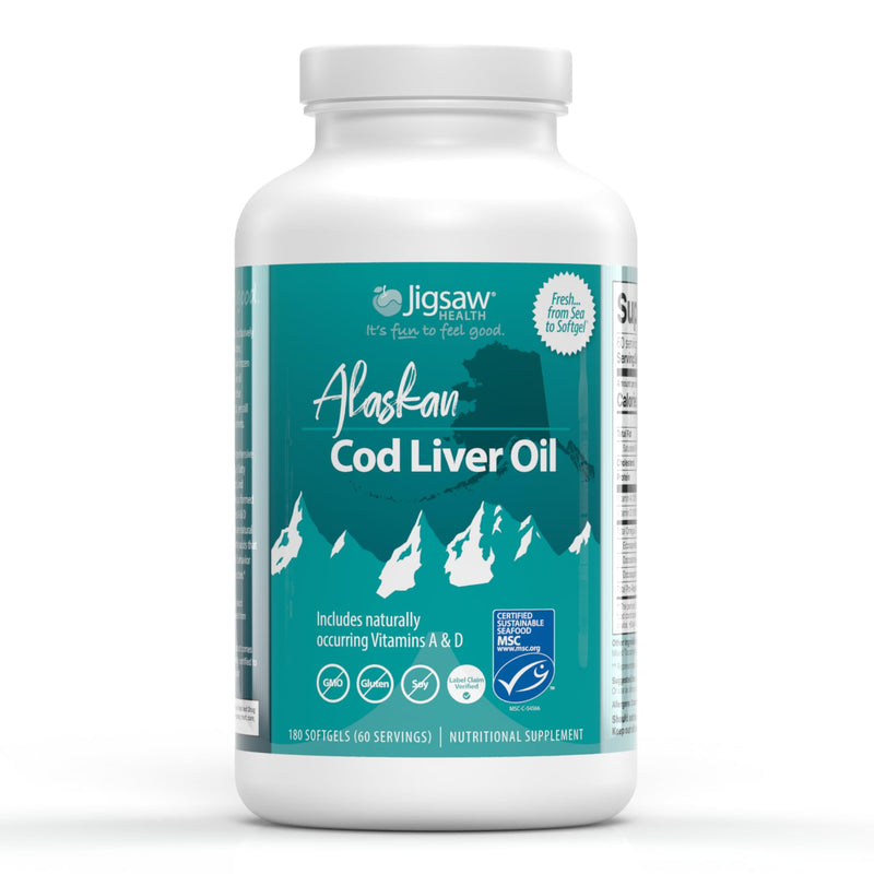 [Australia] - Jigsaw Health Alaskan Cod Liver Oil | 900 mg Omega-3s with EPA, DHA, and DPA | Includes Naturally Occuring Vitamins A & D | 180 Softgels | 60 Servings 