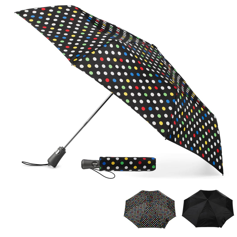 totes Portable Umbrella for Travel – Compact for Car, Backpack and Purse – Windproof, Strong, UV Sun Protection, Water-Repellant, Foldable On-the-Go Umbrella with Auto Open/Close Multi Dot -Triple Protection