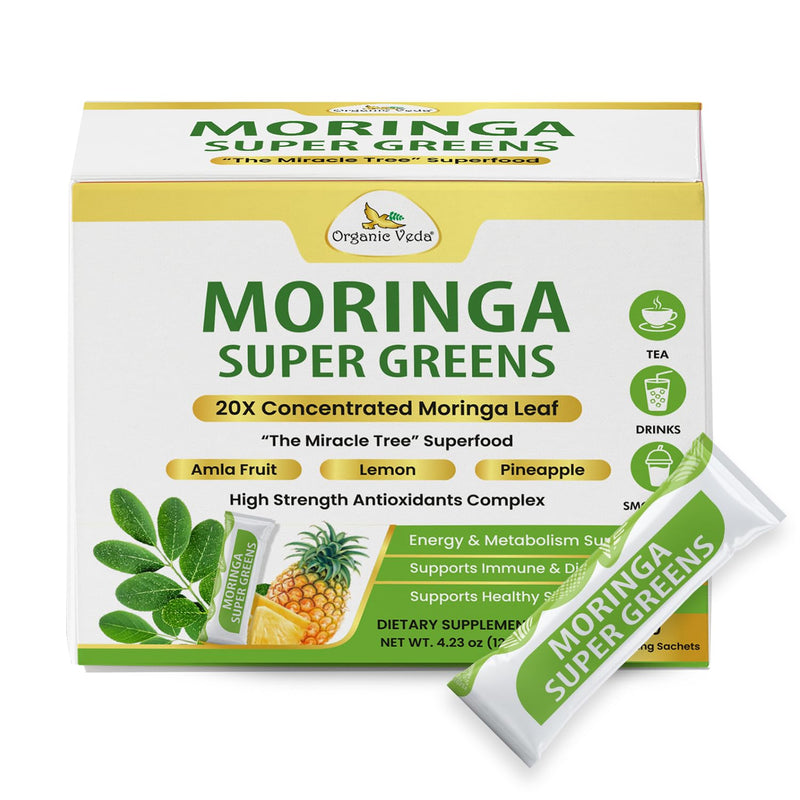 Organic Veda Moringa Powder Super Greens - Spirulina, Wheatgrass, Green Superfood Powder 20 X Concentrated Moringa Leaf Extract Antioxidants, Energy & Immunity Support - 30 Individual Serving Sachets