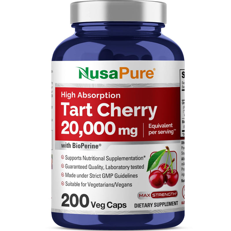 [Australia] - NusaPure Tart Cherry 20,000mg - 200 Veggie Caps (Vegan, Non-GMO, Vegan) Bioperine, Organic Tart Cherry Fruit 200 Count (Pack of 1) 