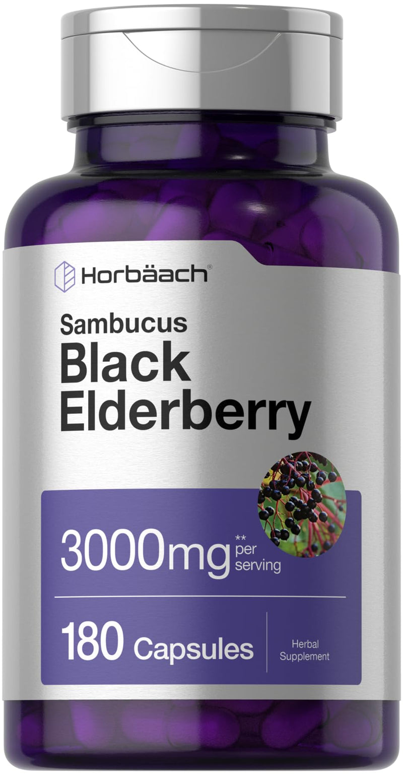[Australia] - Horbäach Black Elderberry | 3000mg Capsules | 180 Count | Non-GMO, Gluten Free | Sambucus Extract Supplement 